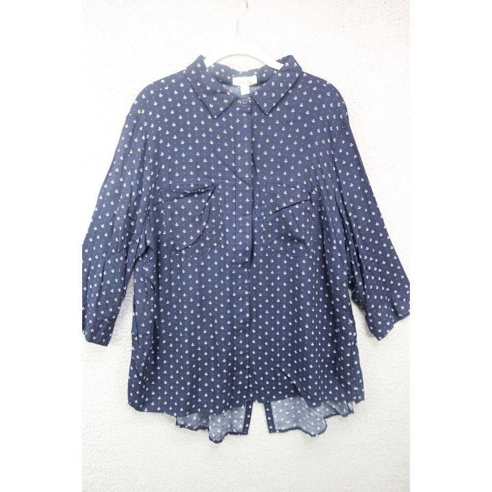 Per Se 3/4 Sleeve Nautical Button-Up Tunic-Size 1X-Soft-Anchors